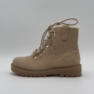 Shearling-Lined Suede Lace-Up Ankle Boots - Chunky Sole, Beige